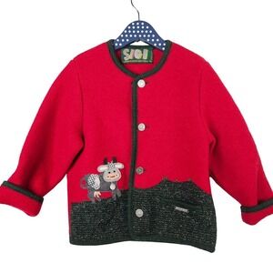 SIGI Scheiber‎ Boiled Wool Cow Motif Sweater Cardigan Kids 116 6 7 Red